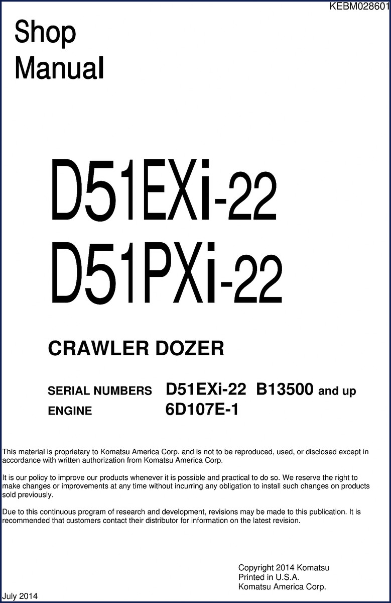 Komatsu D51EXi-22 D51PXi-22 2014 Service Manual front cover - OEM shop manual 1574 pages