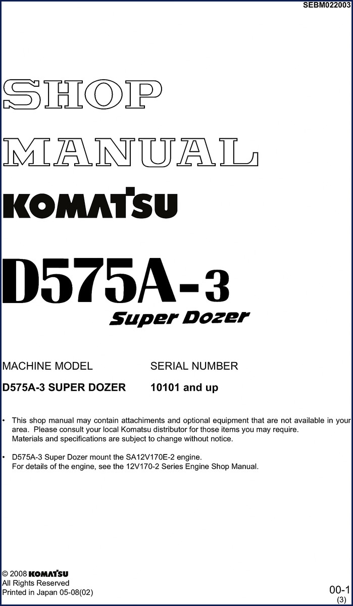 Komatsu D575A-3 2008 Workshop Manual cover showing Super Dozer side view