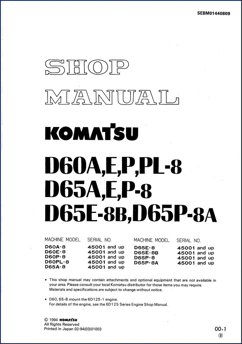 Komatsu D60A-8 D60E-8 D60P-8 D60PL-8 D65A-8 1994 Factory Workshop Manual cover