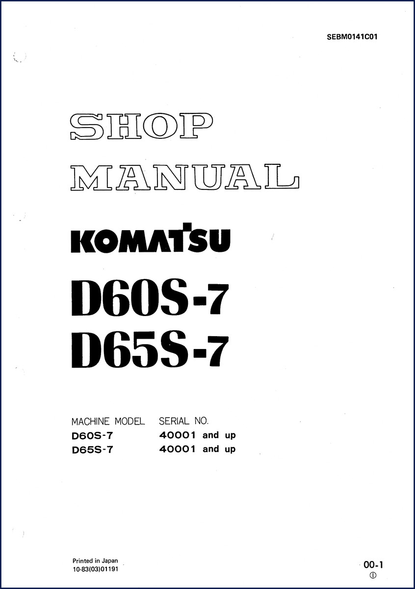 Cover of Komatsu D60S-7 D65S-7 1983 Service Manual showing machine illustration and part number SEBM0141C01