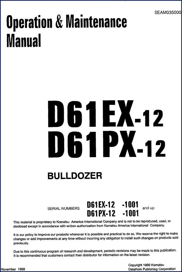 Komatsu D61EX-12 D61PX-12 1999 Service Manual cover page showing bulldozer and serial number info