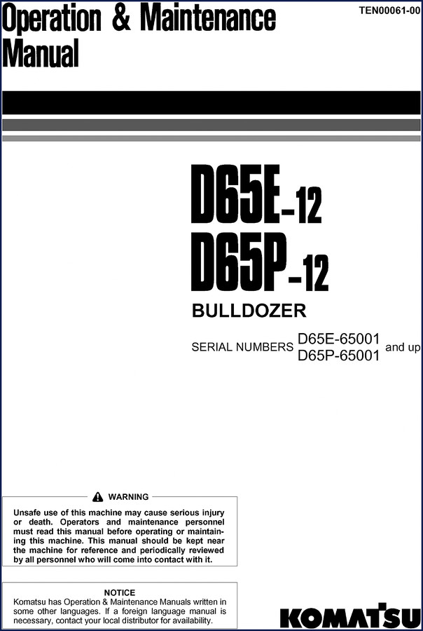 Komatsu D65E-12 D65P-12 Operators Manual - OEM factory document 254 pages