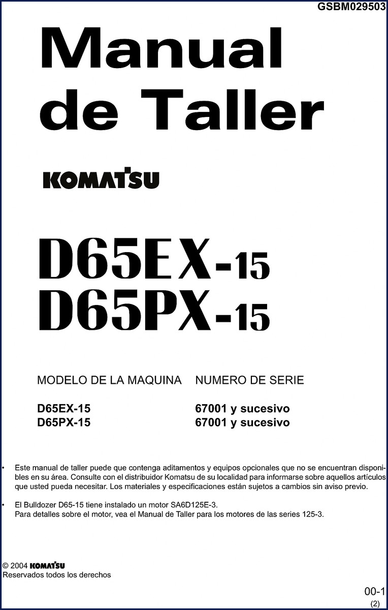 Komatsu D65EX-15 2004 Workshop Manual cover showing bulldozer and manual title