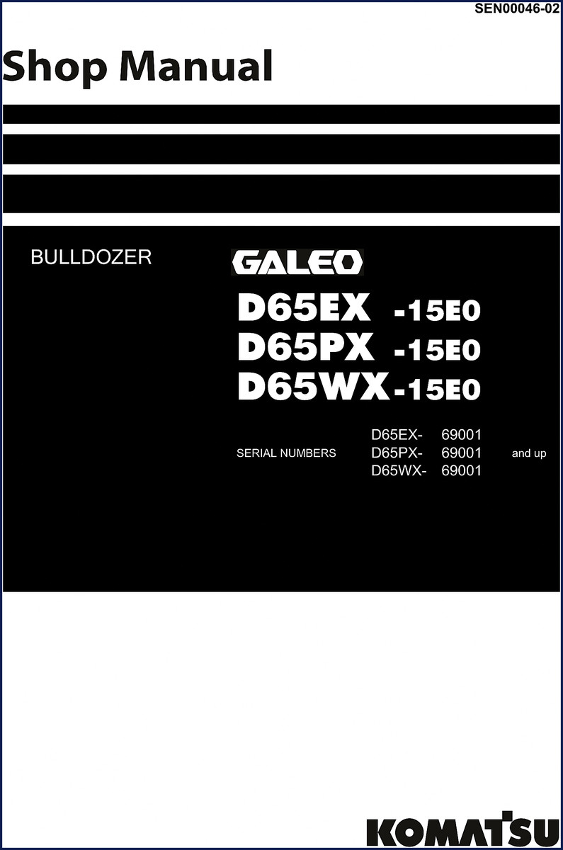 Komatsu D65EX-15E0 D65PX-15E0 D65WX-15E0 Workshop Manual cover showing bulldozer lineup