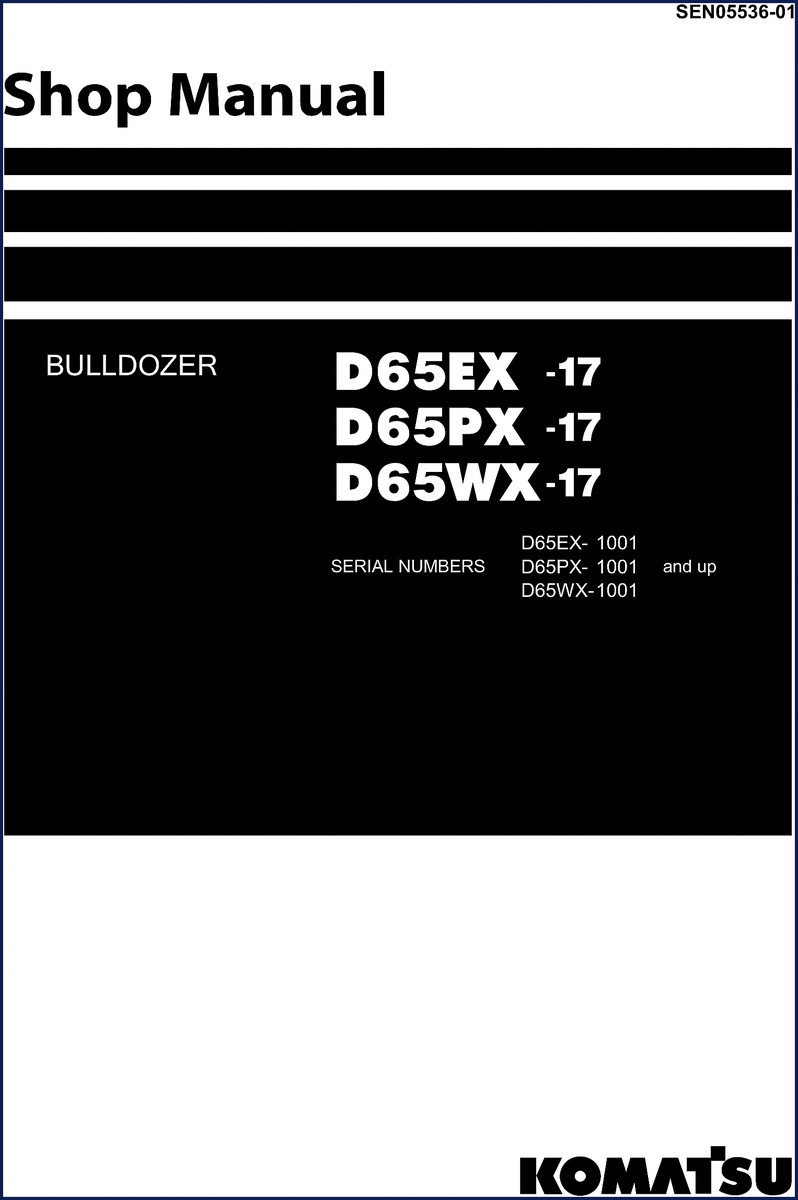 Komatsu D65PX-17 workshop manual cover showing bulldozer and OEM documentation details