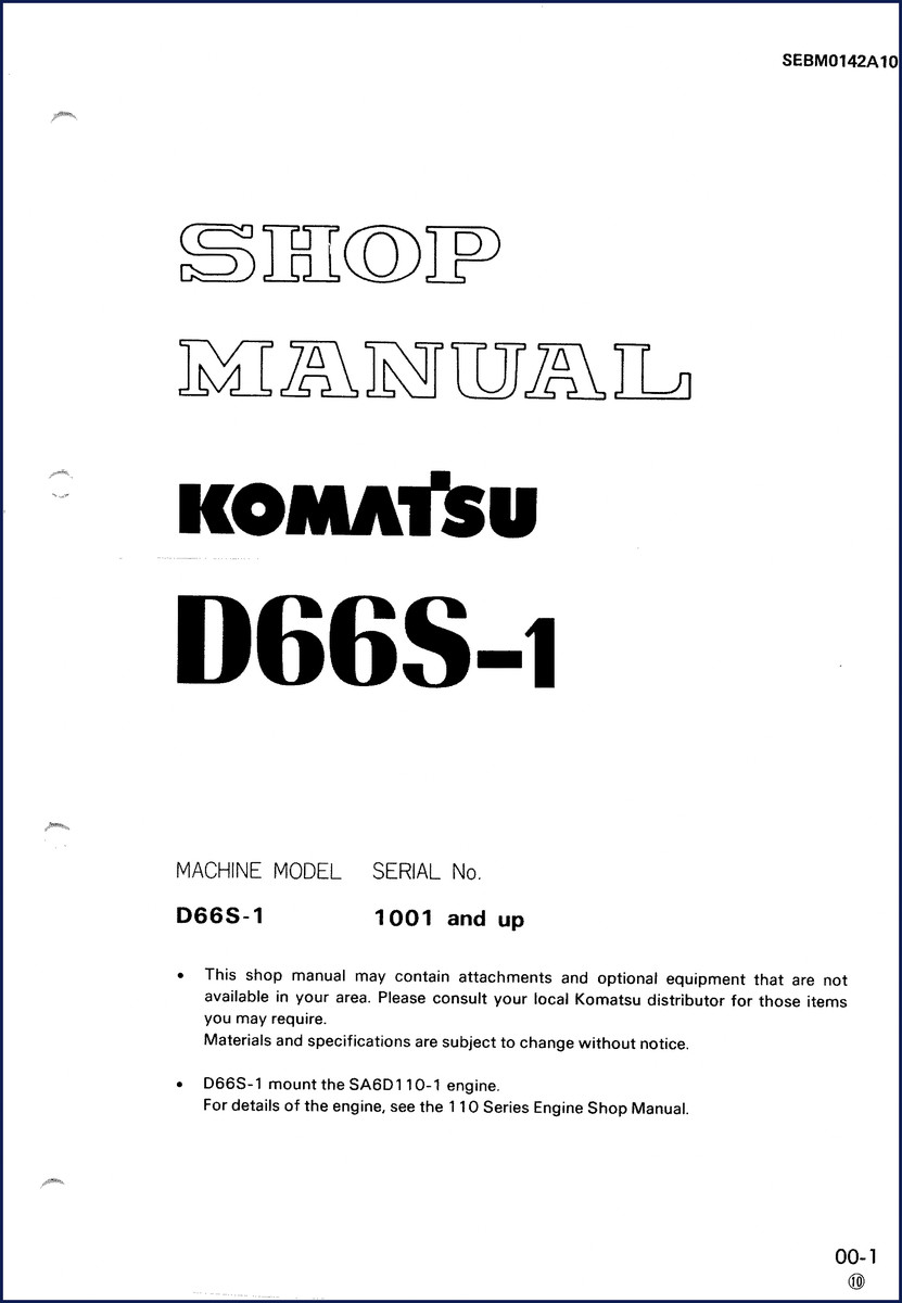 Komatsu D66S-1 Service Manual cover with SA6D110-1 engine specs and 626 pages factory document