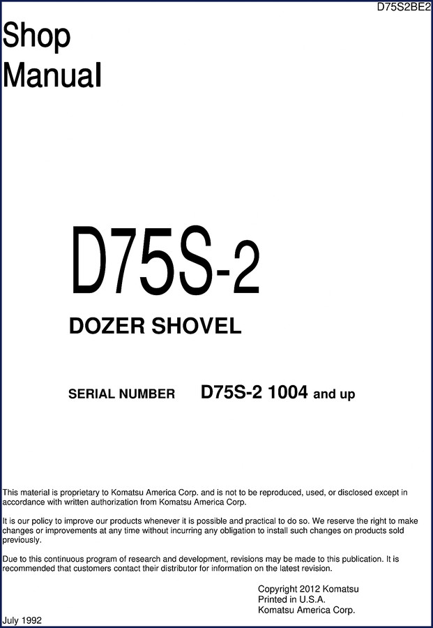 Komatsu D75S-2 Dozer Shovel 1992 Workshop Manual cover