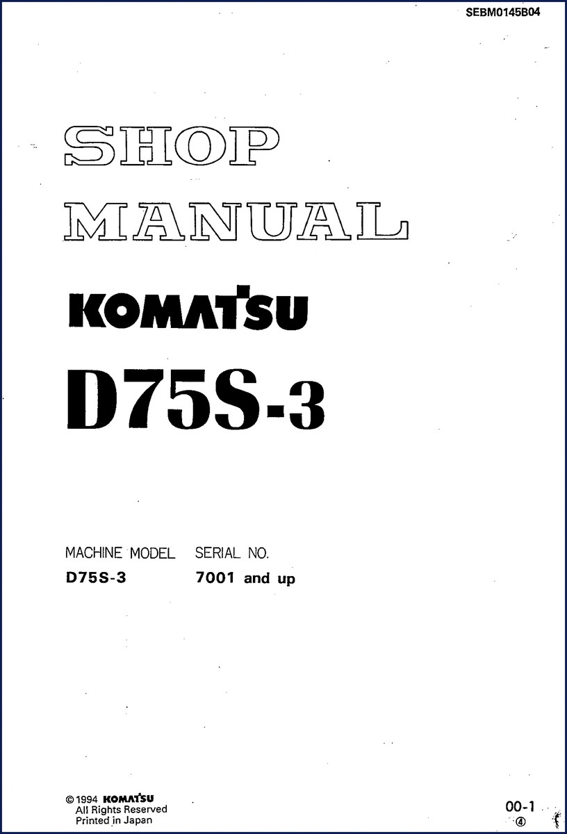 Komatsu D75S-3 1994 Workshop Manual cover showing factory shop manual for D75S-3 loader