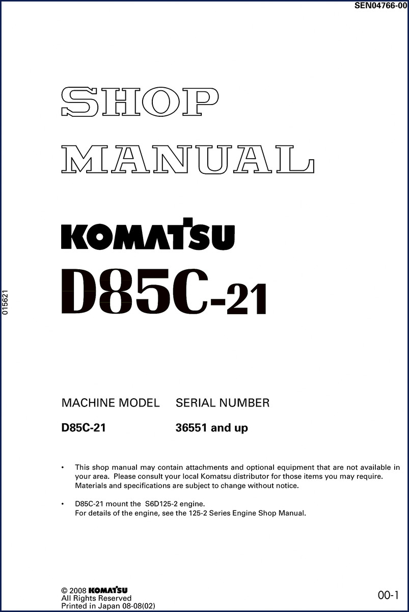 Komatsu D85C-21 2008 Workshop Manual cover – factory OEM manual
