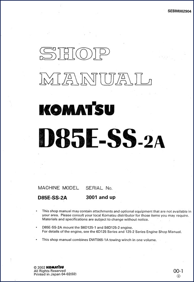Komatsu D85E-SS-2A 2002 Workshop Manual cover page
