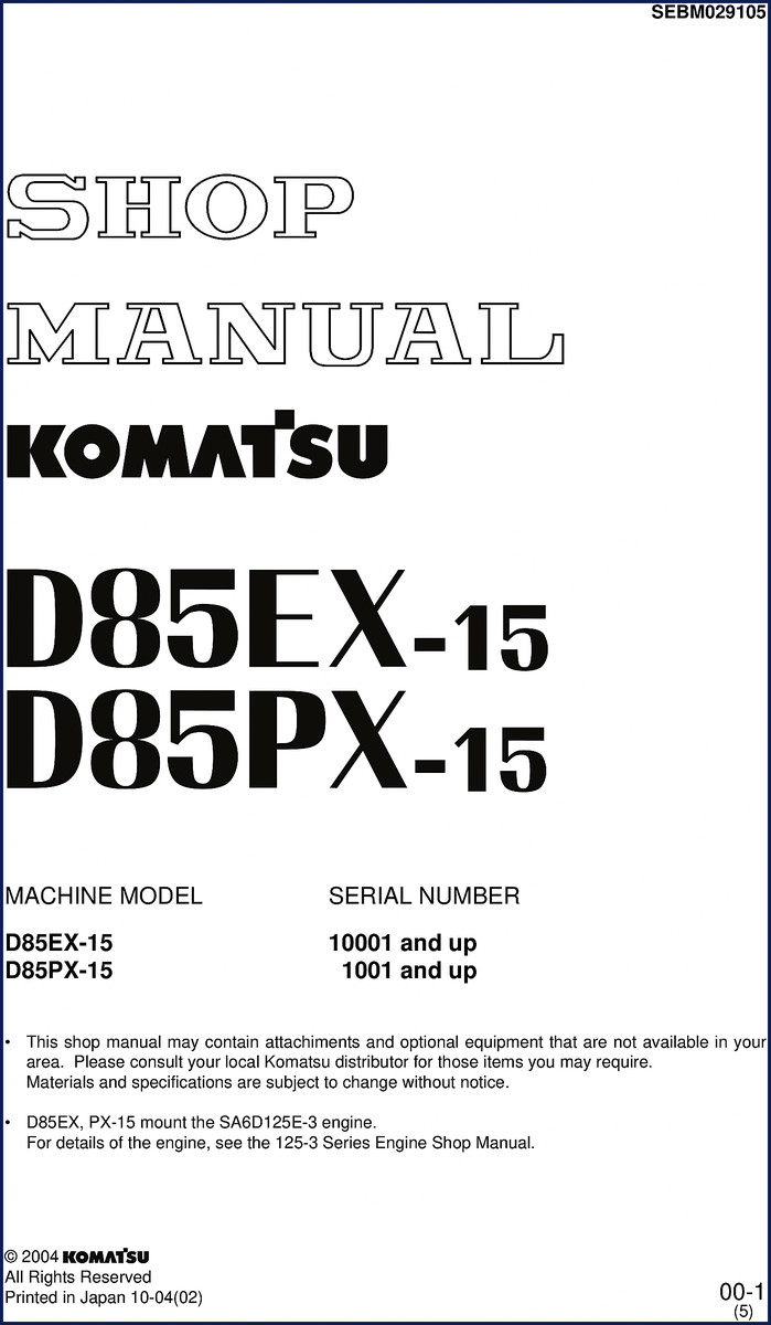 Komatsu D85EX-15 D85PX-15 2004 Service Manual cover – 924-page OEM factory manual