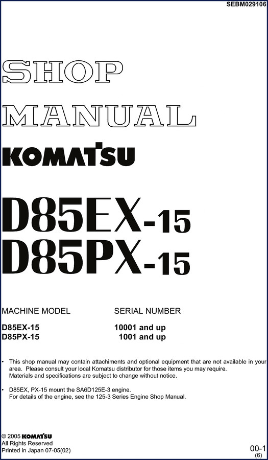 2005 Komatsu D85EX-15 D85PX-15 Workshop Manual cover page showing bulldozer and manual title