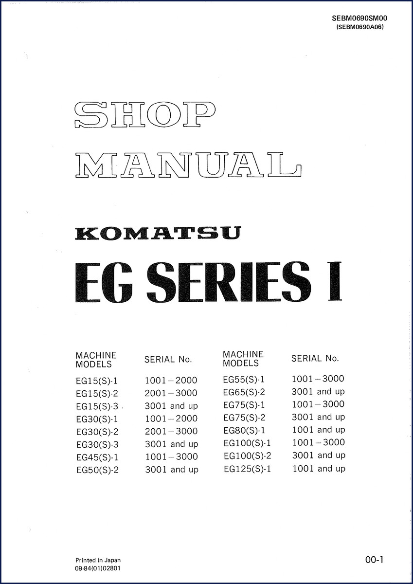 1984 Komatsu EG Series Service Manual cover showing EG15 through EG55 models