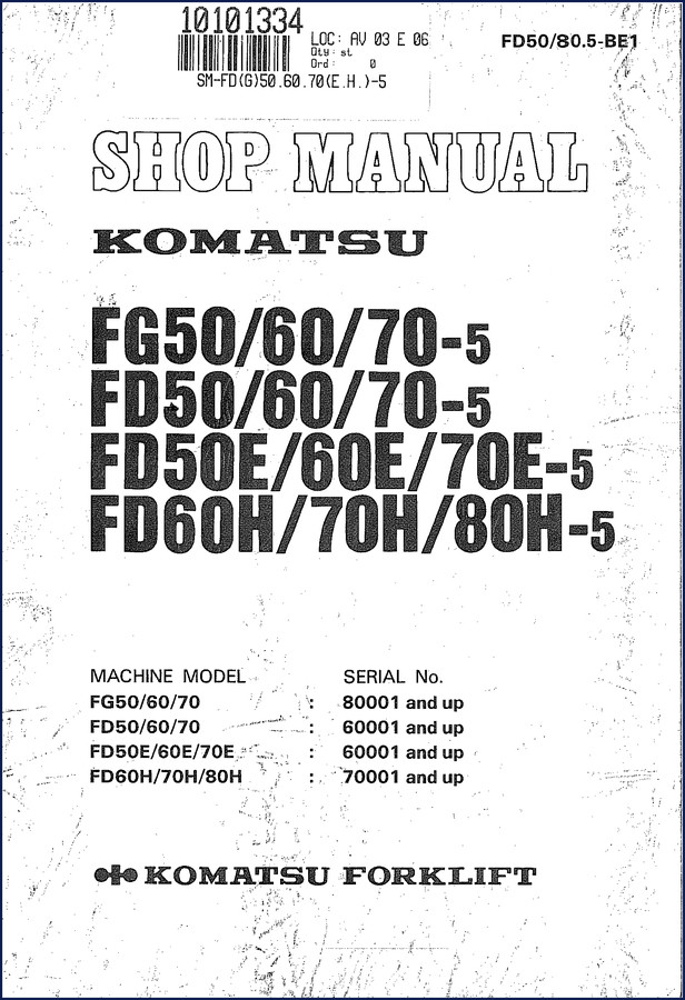 Komatsu FG50-FG60-FD60H workshop manual cover page with model list and serial number ranges