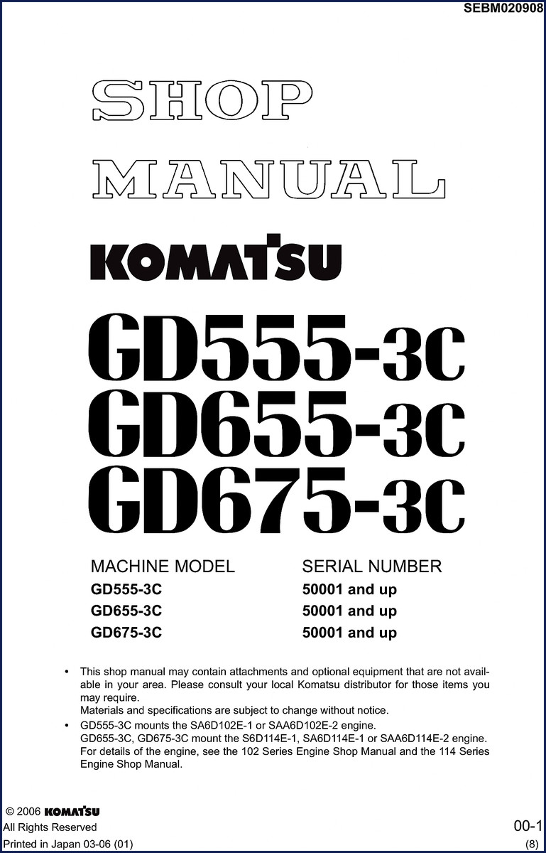 Komatsu GD555-3C 2006 Workshop Manual cover - OEM factory shop manual for motor grader