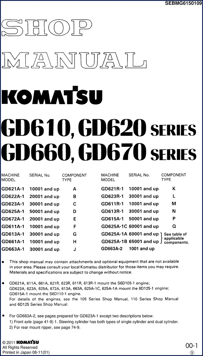 Komatsu GD621A 2011 Workshop Manual cover – OEM factory documentation for GD621A, GD622A, GD623A, GD625A, GD661A graders