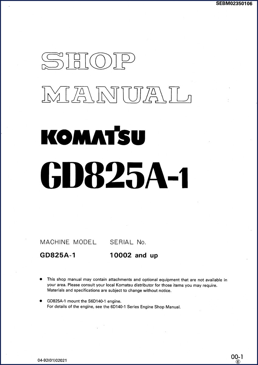 Komatsu GD825A-1 Service Manual cover – 608-page OEM shop manual for engine and brake systems