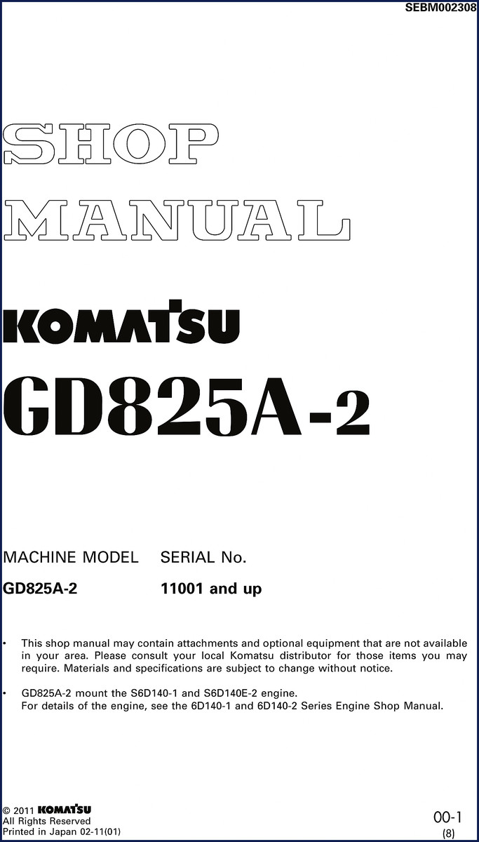 Komatsu GD825A-2 2011 Workshop Manual cover – factory OEM document