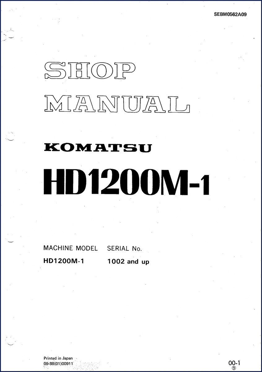 Komatsu HD1200M-1 1988 Workshop Manual cover showing factory shop manual for heavy equipment