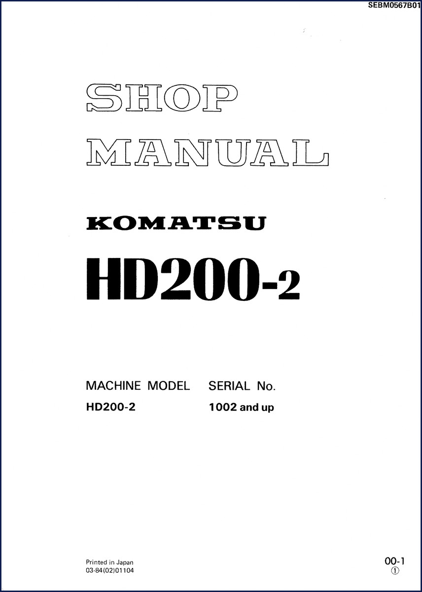 Komatsu HD200-2 1984 Workshop Manual cover – OEM factory shop manual for heavy equipment dump truck