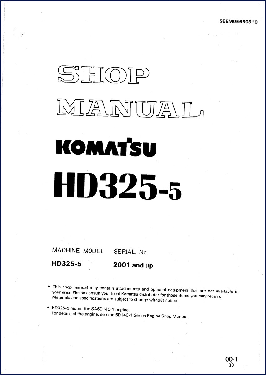 Komatsu HD325-5 Workshop Manual cover – 718-page OEM shop manual for SA6D140-1 engine