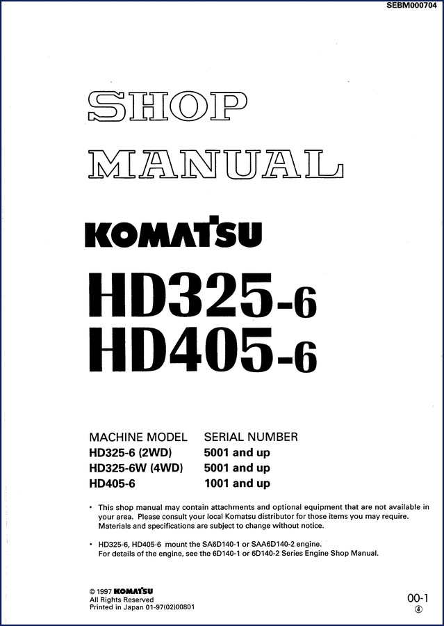 Komatsu HD325-6 HD405-6 1997 Workshop Manual front cover