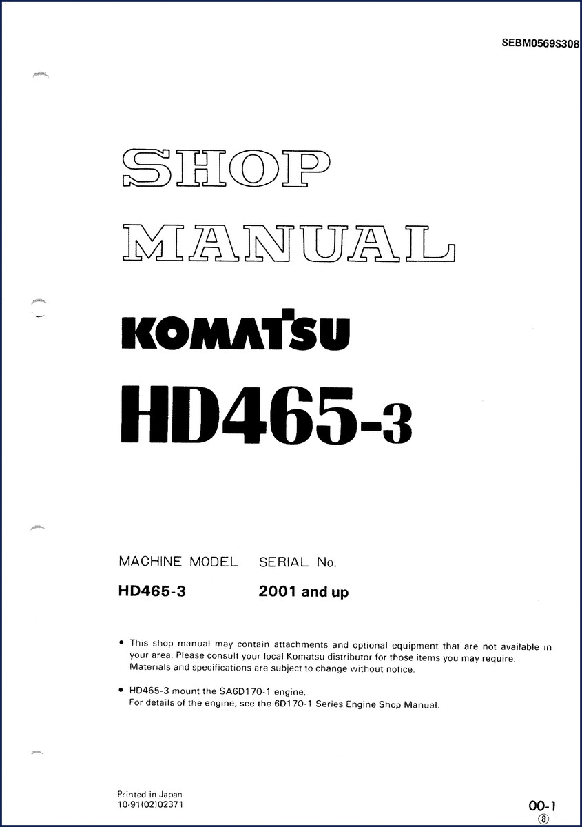 Komatsu HD465-3 1991 Workshop Manual cover - 734 page factory shop manual