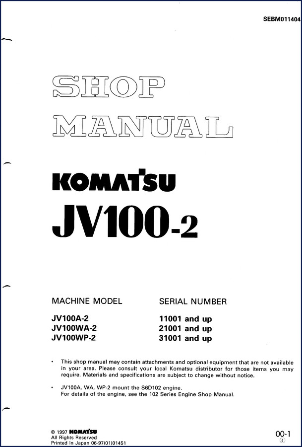 Komatsu JV100A-2/JV100WA-2/JV100WP-2 1997 Service Manual cover page showing three model designations and Komatsu logo