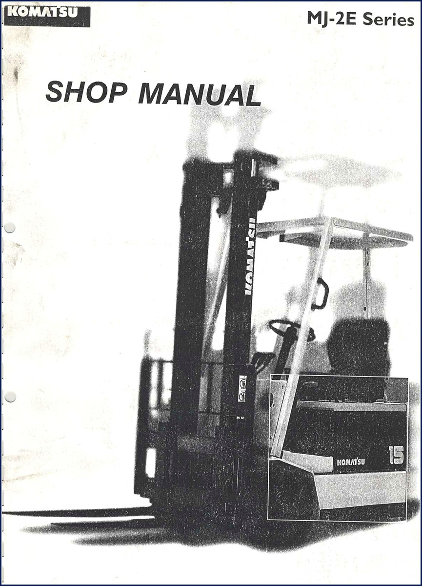 Komatsu MJ-2E Workshop Manual cover showing chassis assembly diagram and component labels
