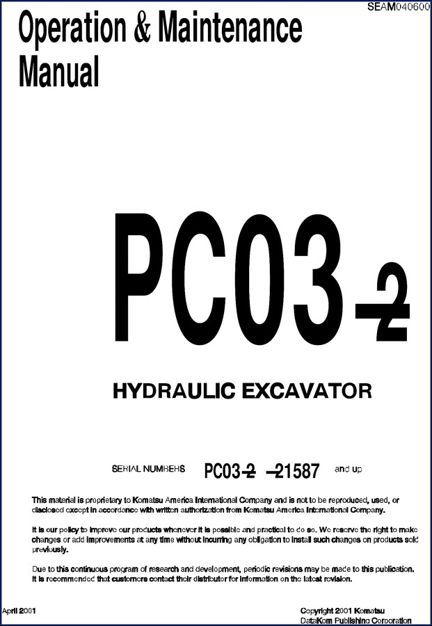 Komatsu PC03-2 2001 Operators Manual - 210 page factory OEM manual cover