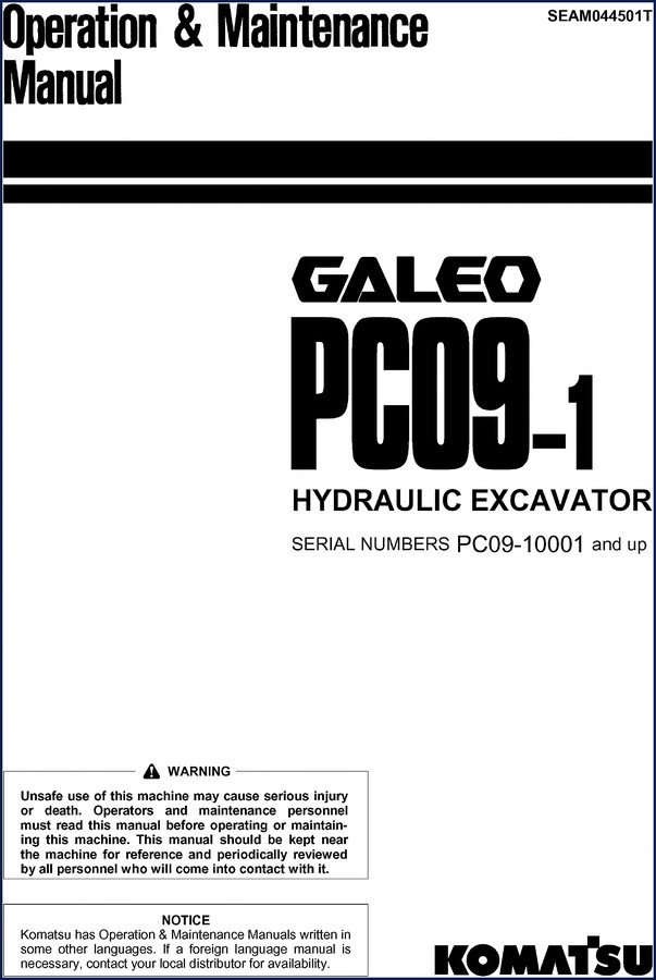 Komatsu PC09-1 2005 Workshop Manual – cover showing hydraulic excavator and factory part number SEBM026104