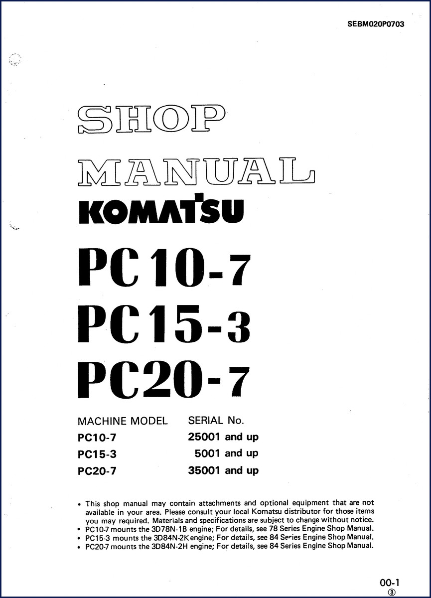 Komatsu PC10-7, PC15-3, PC20-7 workshop manual cover, 264 pages factory OEM