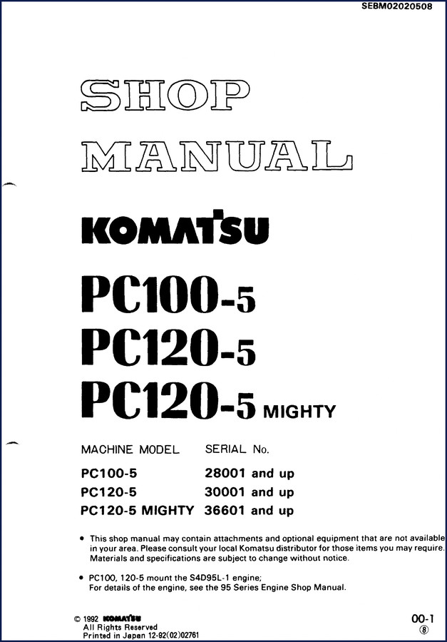 Komatsu PC100-5 PC120-5 PC120-5 MIGHTY 1992 Workshop Manual cover