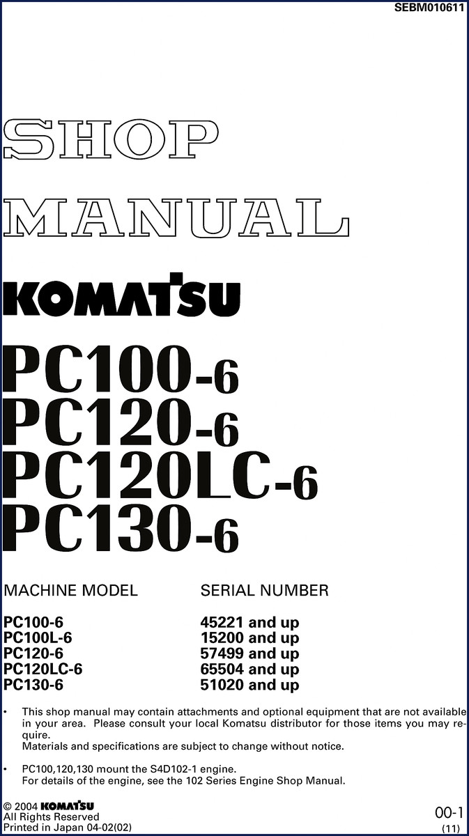 2004 Komatsu PC100-6 PC120-6 PC130-6 Factory Service Manual cover
