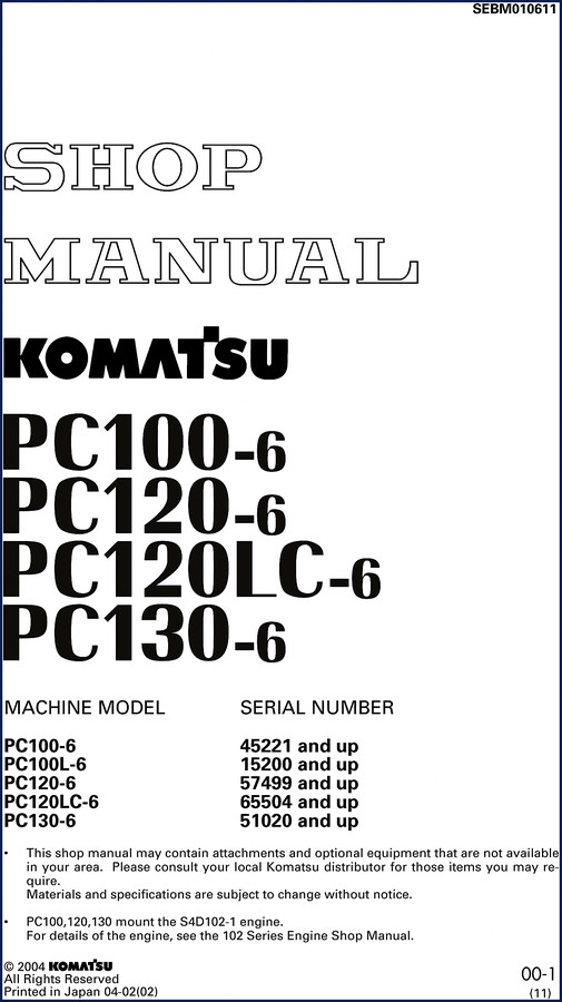 Komatsu PC100-6 PC120-6 2000 Workshop Manual cover - OEM factory service manual