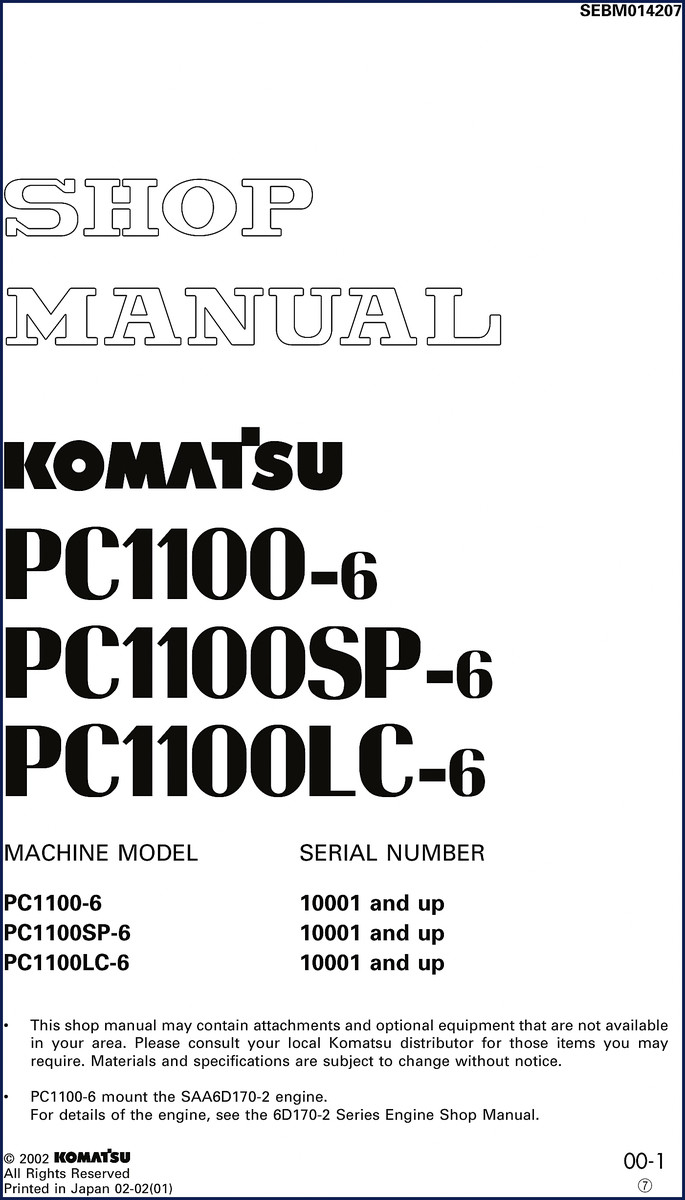 Komatsu PC1100-6 workshop manual 2002 edition cover showing machine overview