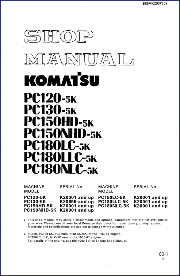 Komatsu PC120-5K to PC180NLC-5K Workshop Manual cover page showing machine models