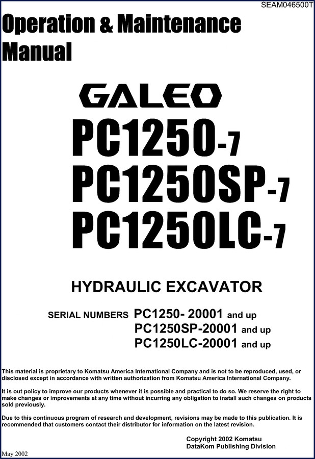 Komatsu PC1250-7 PC1250SP-7 PC1250LC-7 2002 Workshop Manual cover