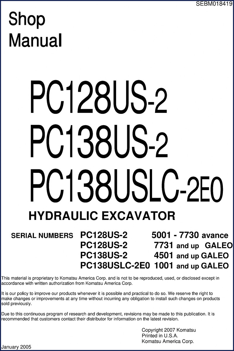 Komatsu PC128US-2 PC138US-2 PC138USLC-2E0 2007 Workshop Manual cover showing hydraulic excavator diagram