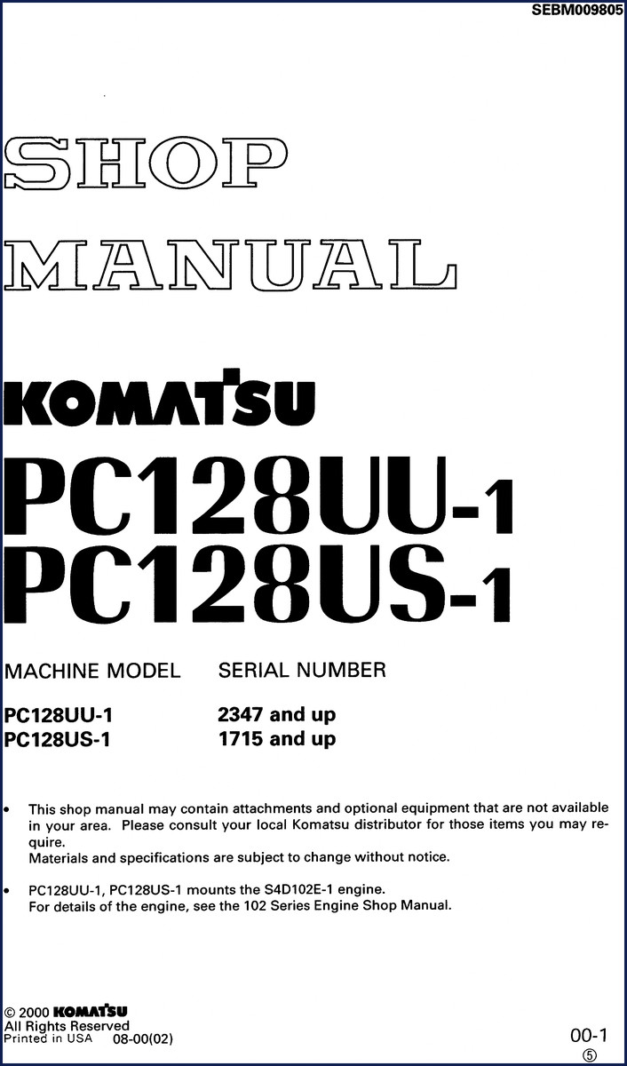 Komatsu PC128UU-1 PC128US-1 2000 Service Manual cover