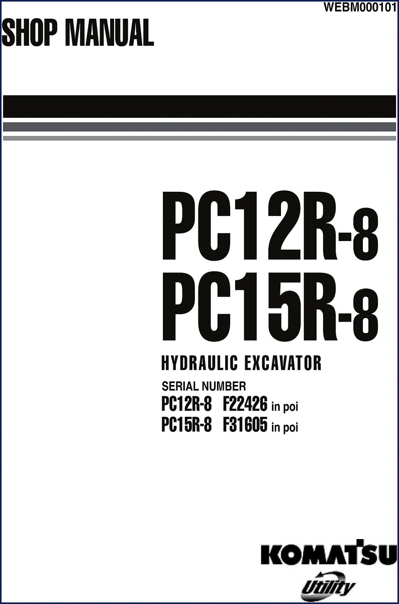 Komatsu PC12R-8 and PC15R-8 workshop manual cover showing excavator image and factory logo