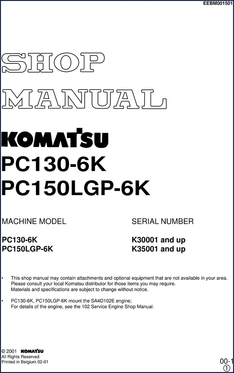Komatsu PC130-6K and PC150LGP-6K 2001 Workshop Manual cover and binding