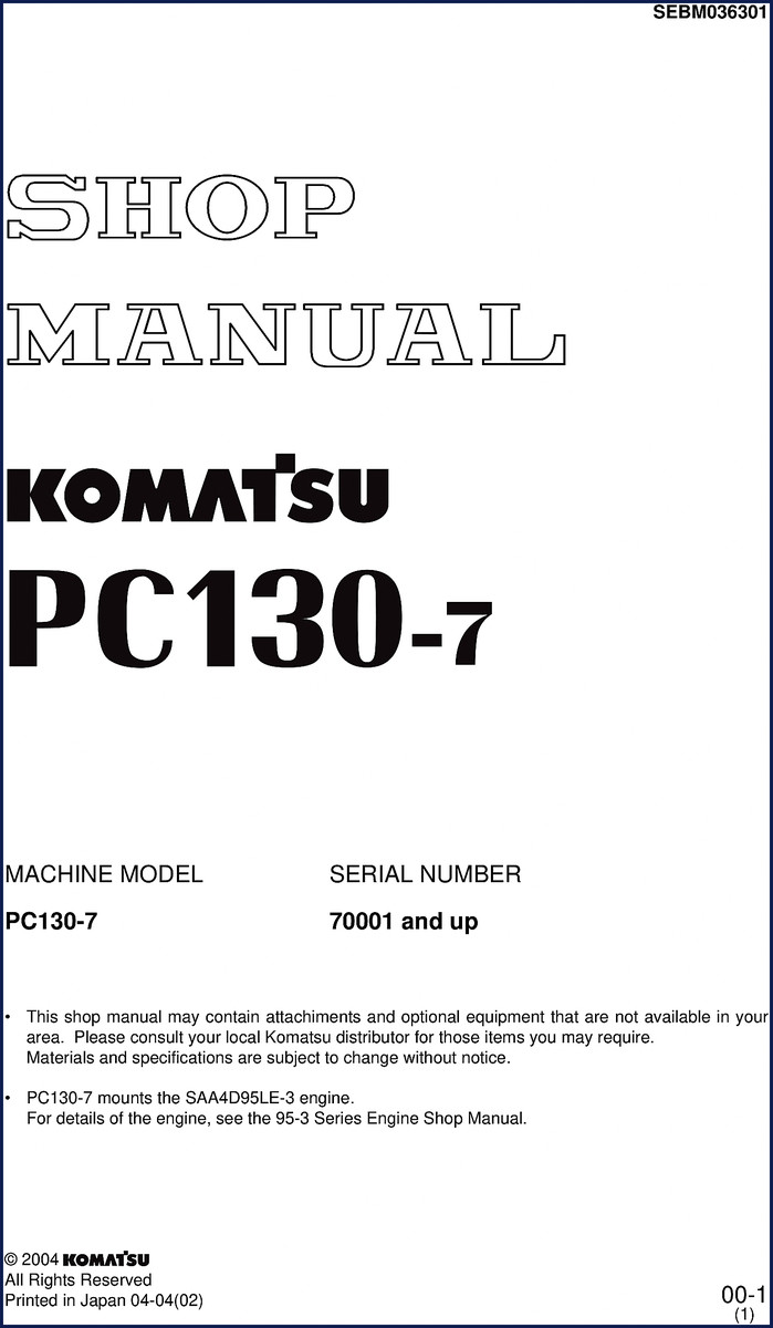 Komatsu PC130-7 2004 Service Manual cover showing excavator model and factory print details