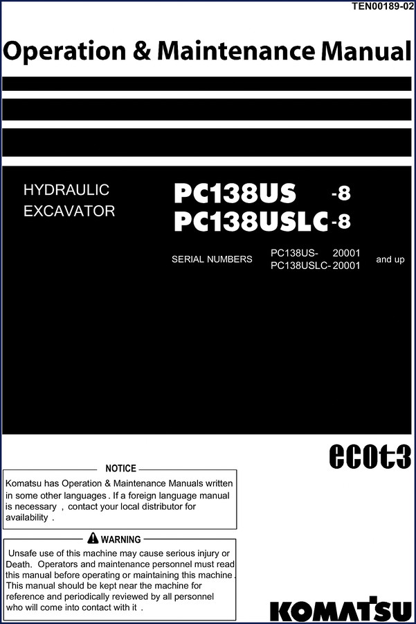 Komatsu PC138US-8 PC138USLC-8 2000 Operators Manual cover page