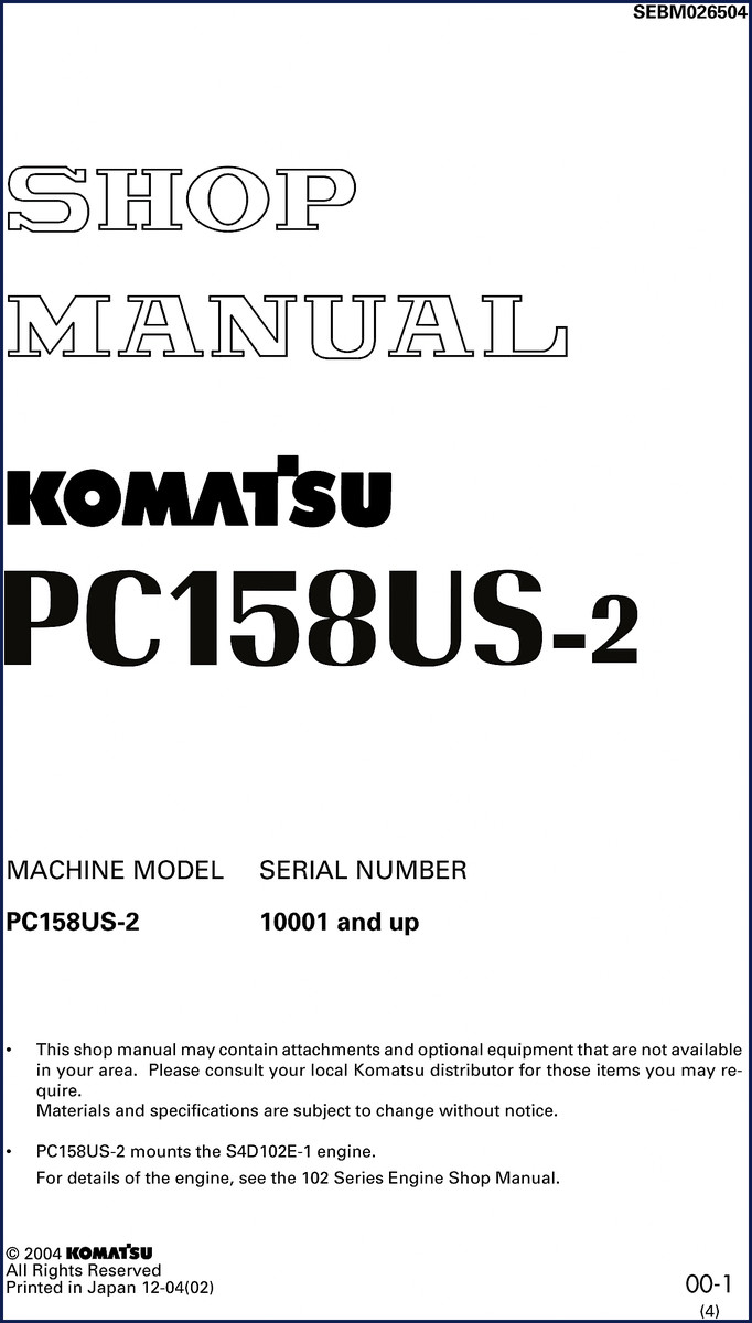 2004 Komatsu PC158US-2 Workshop Manual cover – factory shop manual for excavator