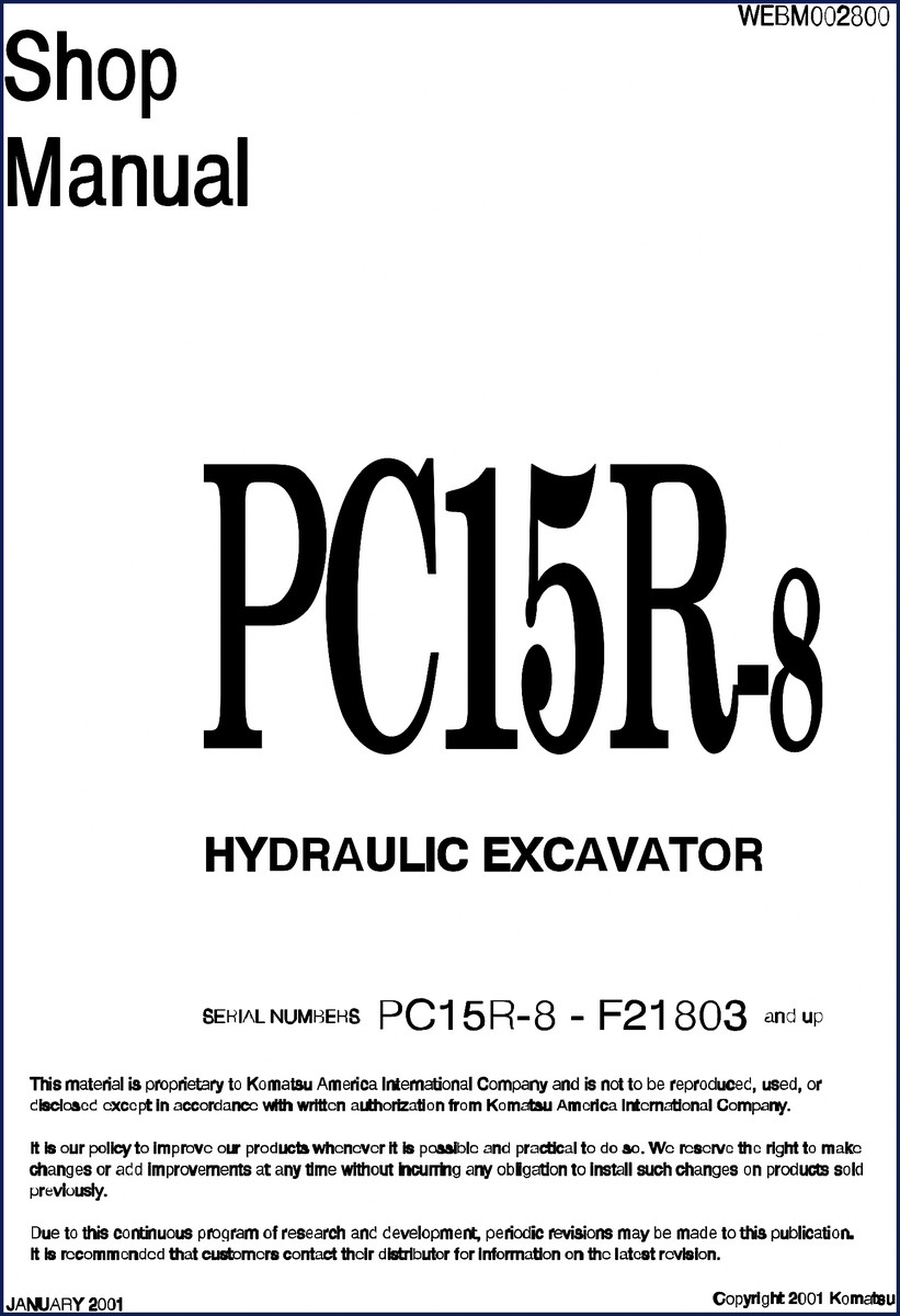 2001 Komatsu PC15R-8 Service Manual cover – OEM factory documentation for hydraulic excavator