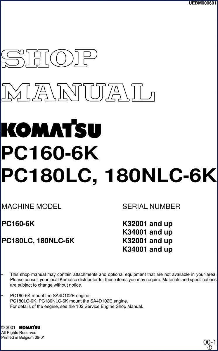 Komatsu PC160-6k PC180LC-6k PC180NLC-6k 2001 Workshop Manual cover
