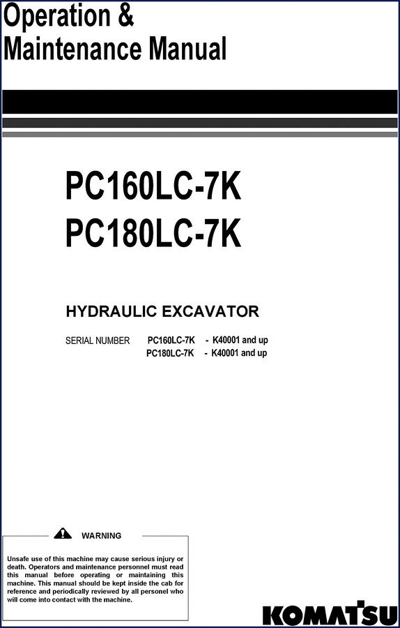 Komatsu PC160LC-7K & PC180LC-7K Operation and Maintenance Manual cover - 271 pages OEM factory document