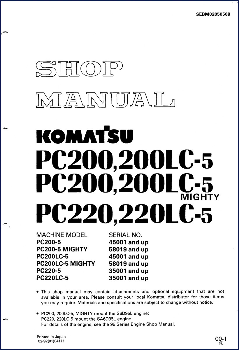 Komatsu PC200-5 1992 Workshop Manual cover - OEM factory shop manual for PC200-5, PC200LC-5, PC220-5, PC220LC-5 excavators