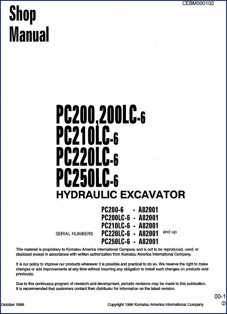 1996 Komatsu PC200-6 PC200LC-6 PC210LC-6 PC220LC-6 PC250LC-6 Service Manual cover photo